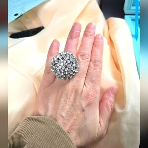 Elegant Silver Tone Watch Band  Crystal Rhinestones  Statement Ring Size 7